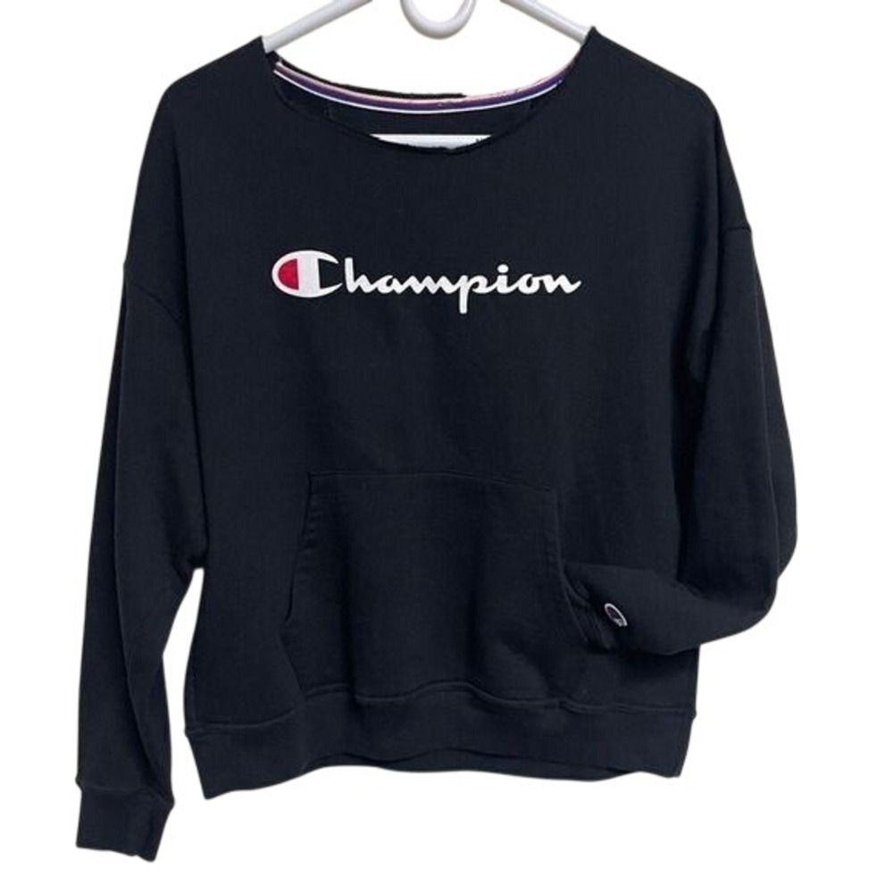 Champion Women Black Script Logo Raw Edge Boat Neck Sweatshirt‎ Medium